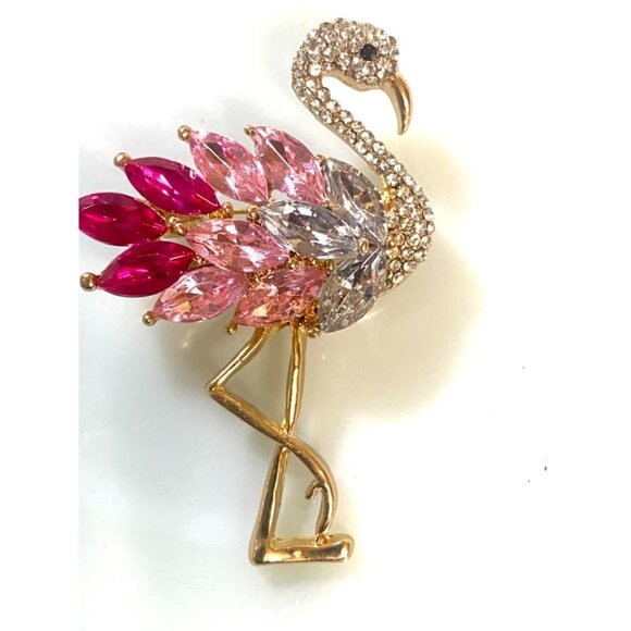 Gold Flamingo Brooch With Pink Red Rhinestone Accents Tail Feathers - Picture 2 of 3